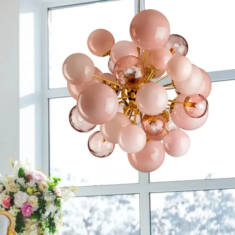 Pink Art Deco Glass Ball Chandelier LED Hanging Light for Bedroom and Lobby Modern Designer Ceiling Pendant Lamp Dimmable Lighti