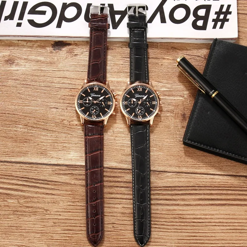 Relojes Geneva Classic con números romanos para hombre, correa de cuero informal, cronógrafo, relojes de pulsera de cuarzo para hombre, Reloj
