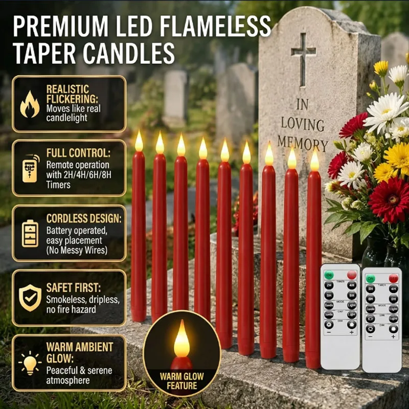 Realistic Long Stick Colorful LED Simulated Taper Candles, Electronic Flameless for Cemetery Grave Memorial Decoration