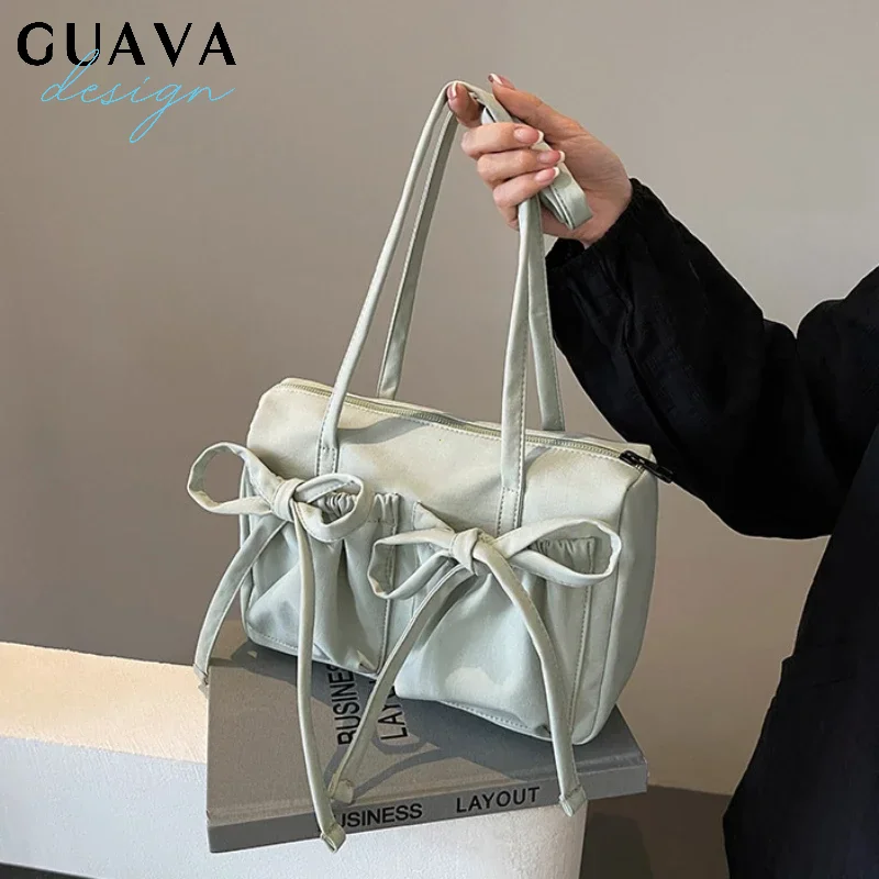 

Lightweight Casual Nylon Shoulder Bag Unique Fresh Gentle Bow Design Travel Bag Solid Color Soft Large Capacity Women's Tote Bag