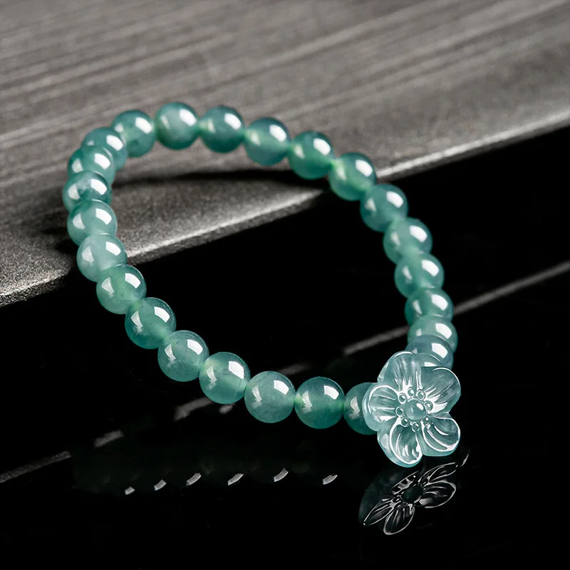 Natural A-grade Jade Blue Water Peach Blossom Transport Peach Blossom Transport Ice Seed Jade Bracelet Couple Women's Jewelry