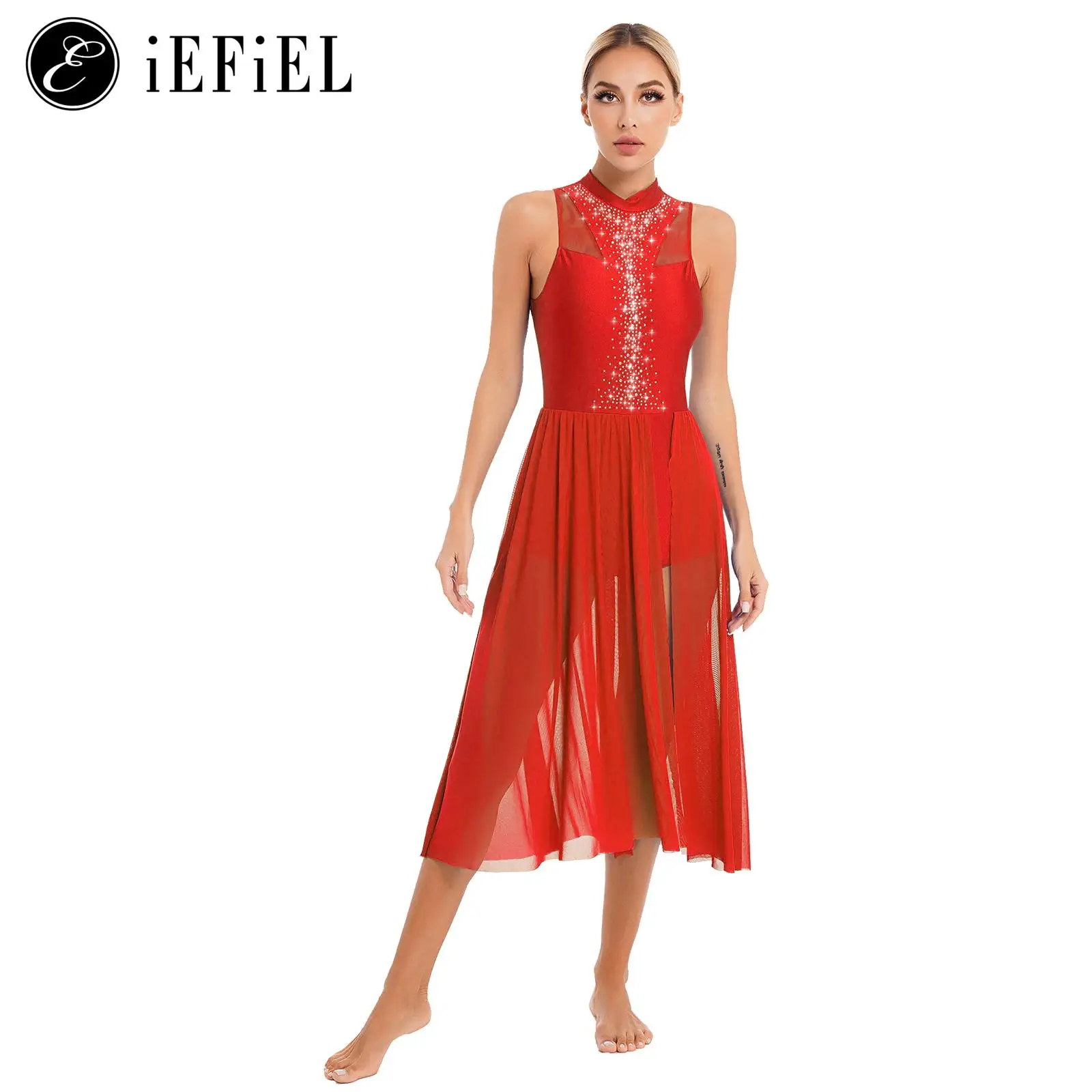 Women Shiny Dimonds Lyrical Dance Dress Halter Cutout Back Ballet Leotard Split Chiffon Skirts Modern Dance Costume