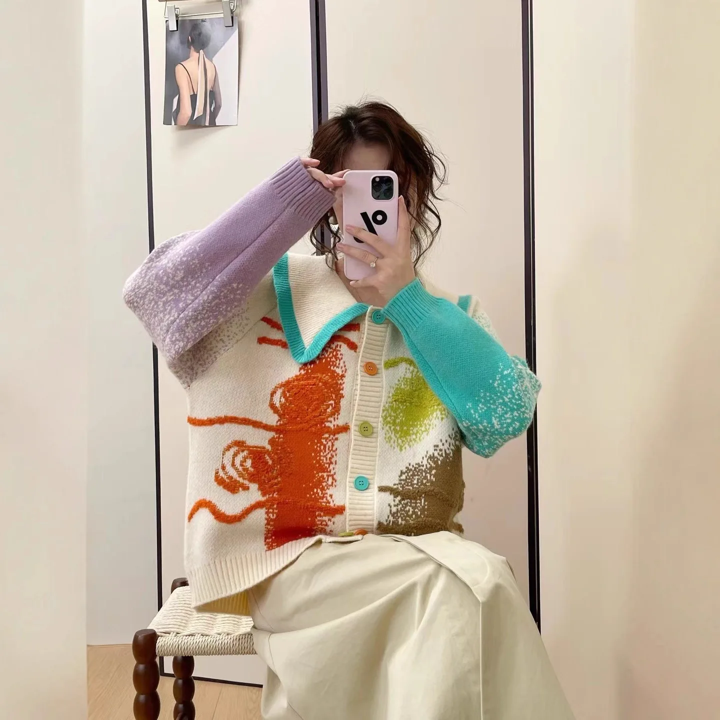 2025 Spring and Autumn New Women's Sweet Style Colorful Knitted Cardigan Loose Turn-Down Collar Casual Daily Sweater Top