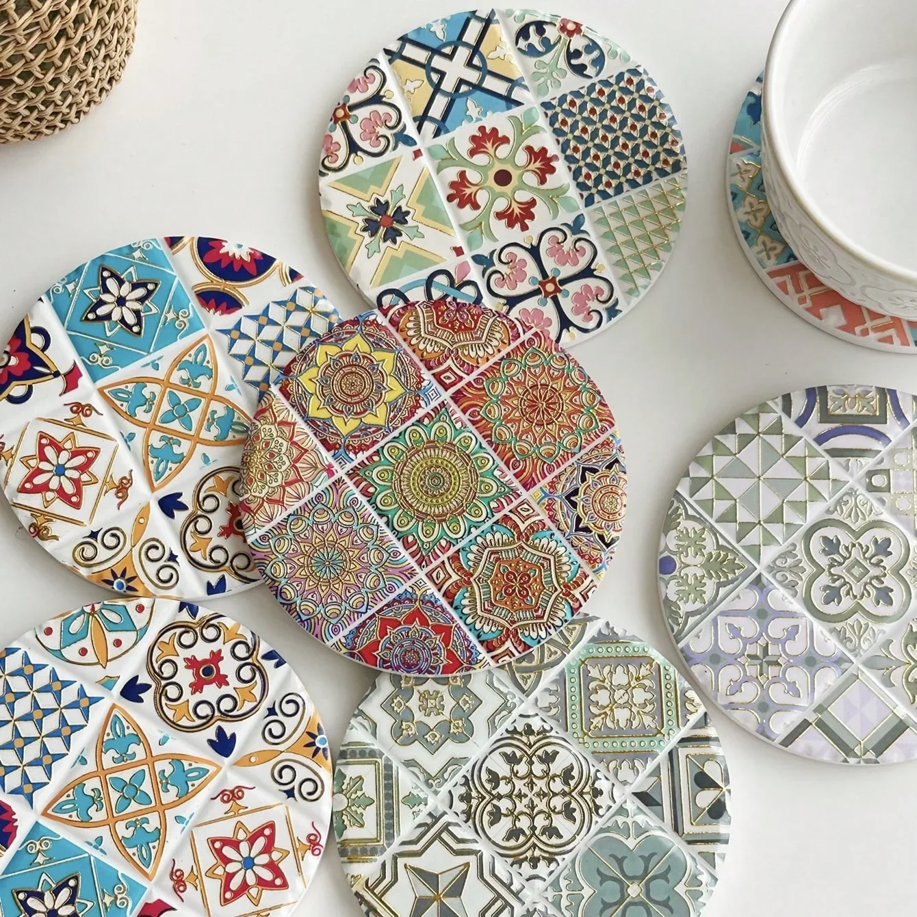 Ceramic Placemat Boho Coasters Round Coffee Tea Cup Mat Heat Insulation Placemat Non-slip Tablemat Tableware Table Decoration