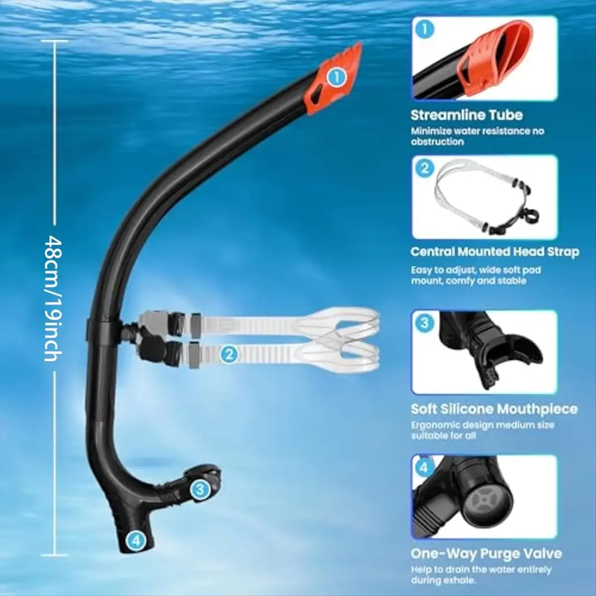 T34C Swimming Training Snorkel Center-Mount Mouthpiece One-Way Purge Valve for Lap Swimming Training Youth Kid White