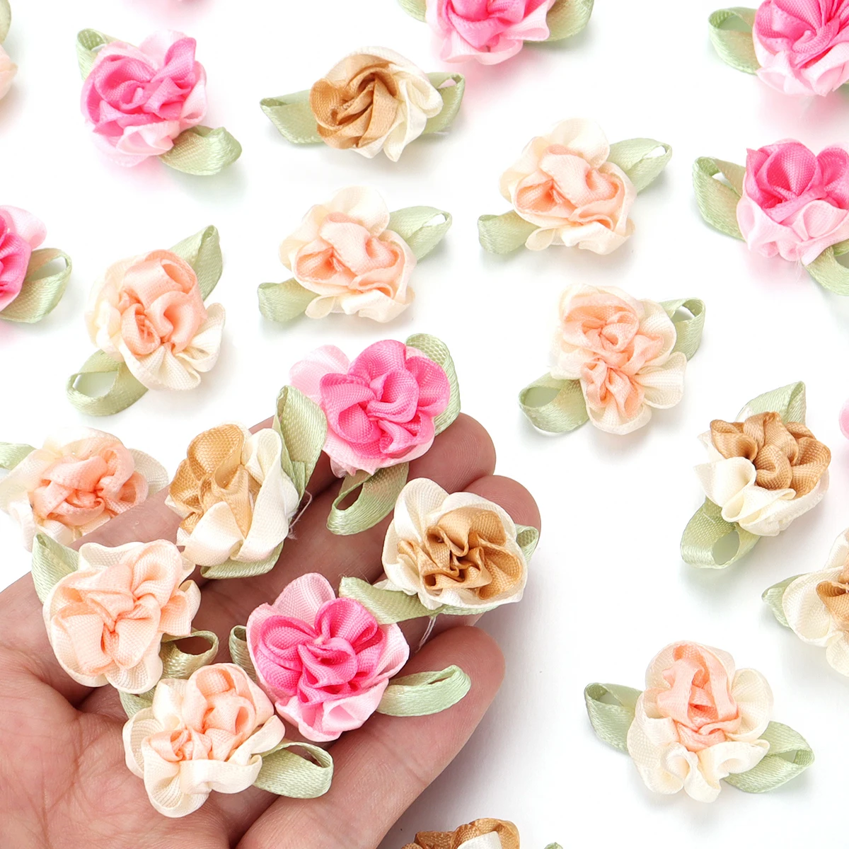 10Pcs/Lot Polyester Fabric Flowers Artificial Carnation With Leaf For DIY Crafts Sewing Supplies Clothing Headwear Decoration