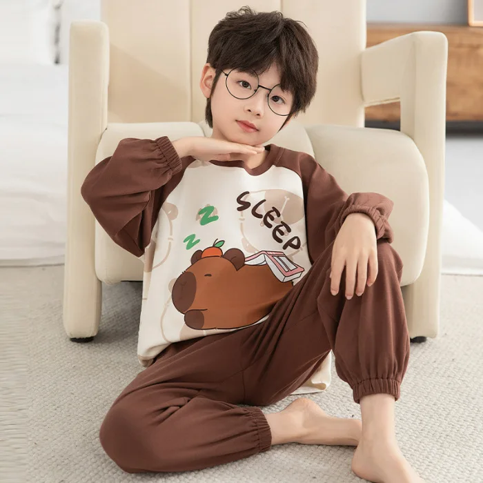 

Комплект детской пижамы из 2 предметов с капибарой для мальчиков, хлопок, с круглым вырезом, повседневный, для родителей и детей, с длинным рукавом, с мультяшным принтом, домашняя одежда