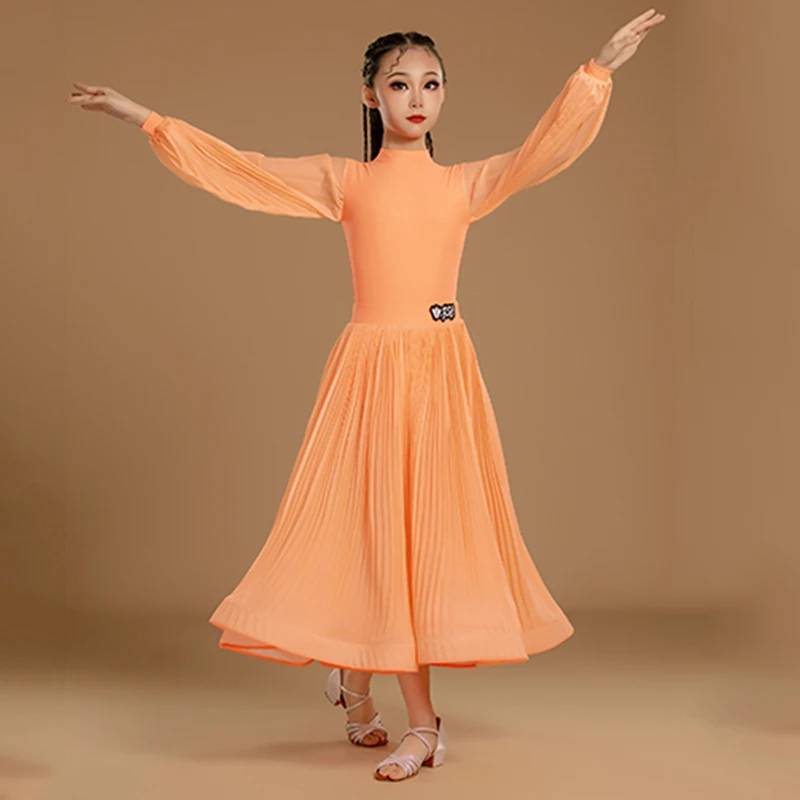 오렌지 볼룸 댄스 드레스 표준 성능 복장 랜턴 슬리브 레오타드 플리츠 스커트 소녀 왈츠 경쟁 드레스 3547