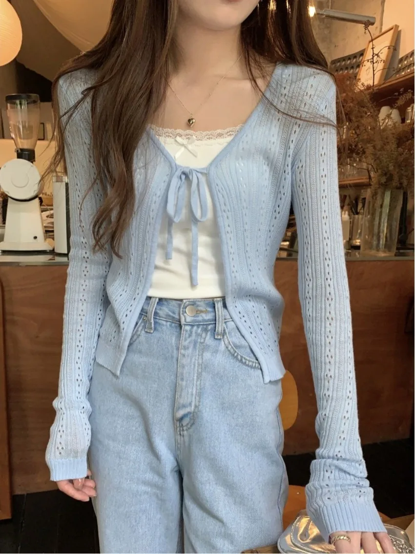 Coreano Sle scava fuori con cintura estiva in seta di ghiaccio sottile cardigan da donna allentato lavorato a maglia tuta sportiva anti UV V-Ne ort Sve Top