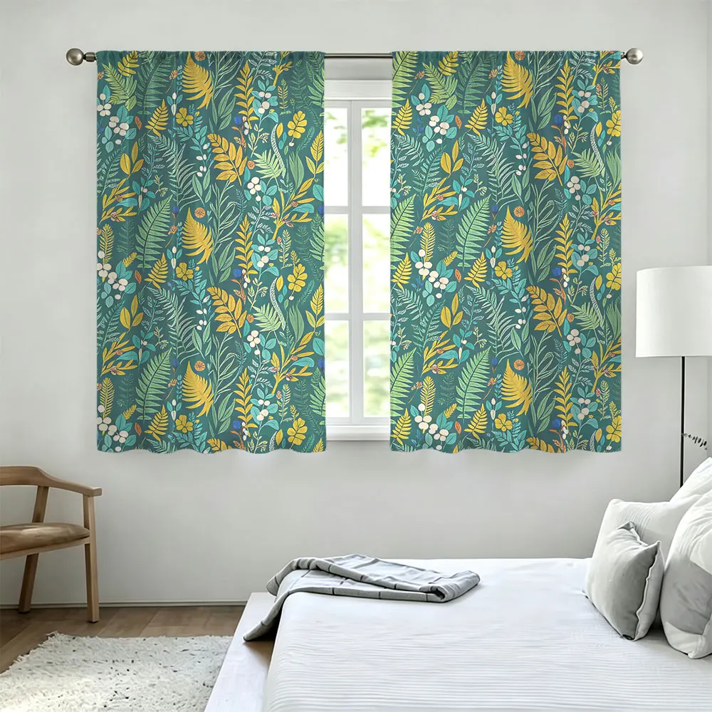 2pcs 90g rod-mounted curtains with a dark green background and a tropical plant flower pattern, suitable for home decoration