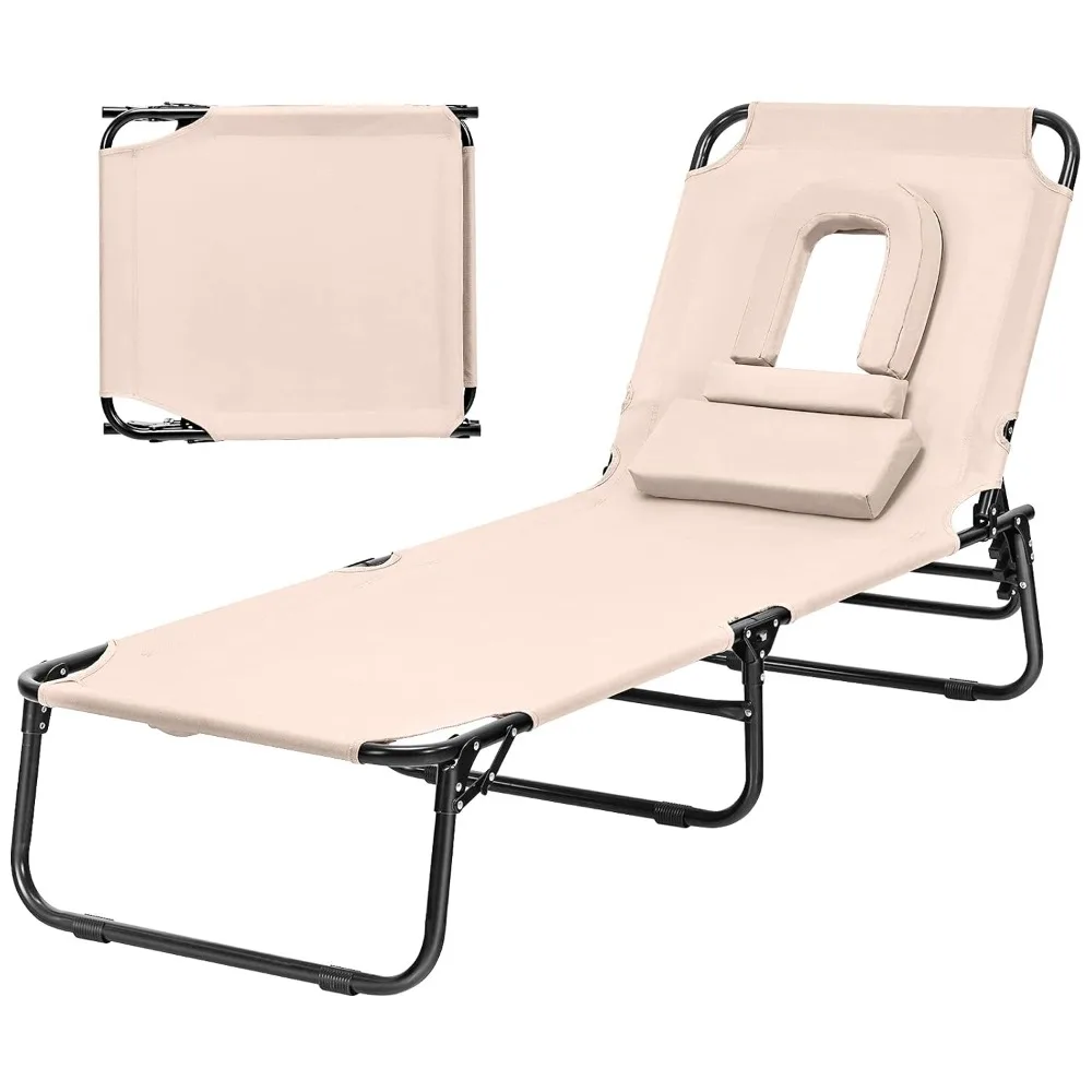 

Outdoor Chaise Lounge Chair - Folding Beach Chair with 5 Adjustable Positions, Hole, Detachable Pillow, Hand Ropes, Customized