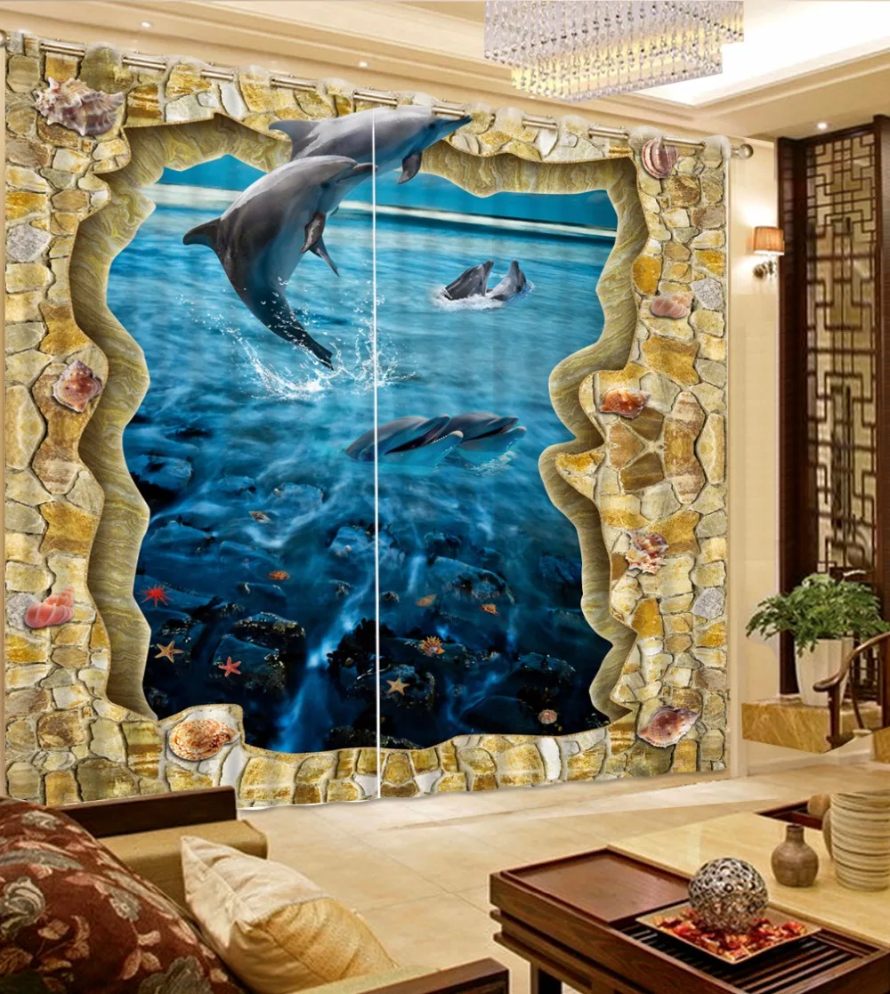 3D Curtain Home Bedroom Decoration Yellowstone Blue Water Dolphin 3D Bathroom Shower Curtain Custom Any Size 3D Curtain Blackout