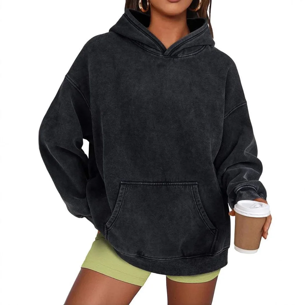

Moletom Femininos стираный свитшот с капюшоном, осень-зима, универсальный женский однотонный карманный офисный пуловер, толстовка