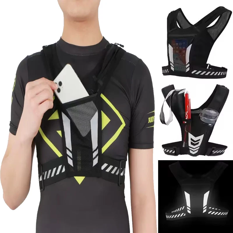 Reflective Running Vest Pack & Hiking Backpack for Night Running, Cycling, with Large-Capacity Phone Pocket & Adjustable Waist