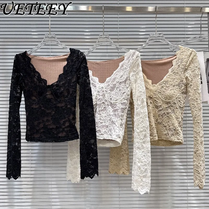 Autunno Inverno Nuovo Sexy Scollo a V Bordo ondulato Slim Fit Manica lunga Top in pizzo Versatile camicia a base corta in tinta unita per le donne