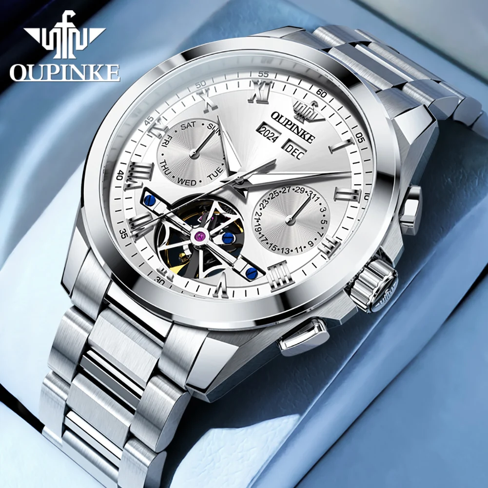 

OUPINKE 3281 Mens Watch Luxury Flywheel Fully Automatic Mechanical Watch﻿ 50M Waterproof Week Date Watches For Man Gifts Box