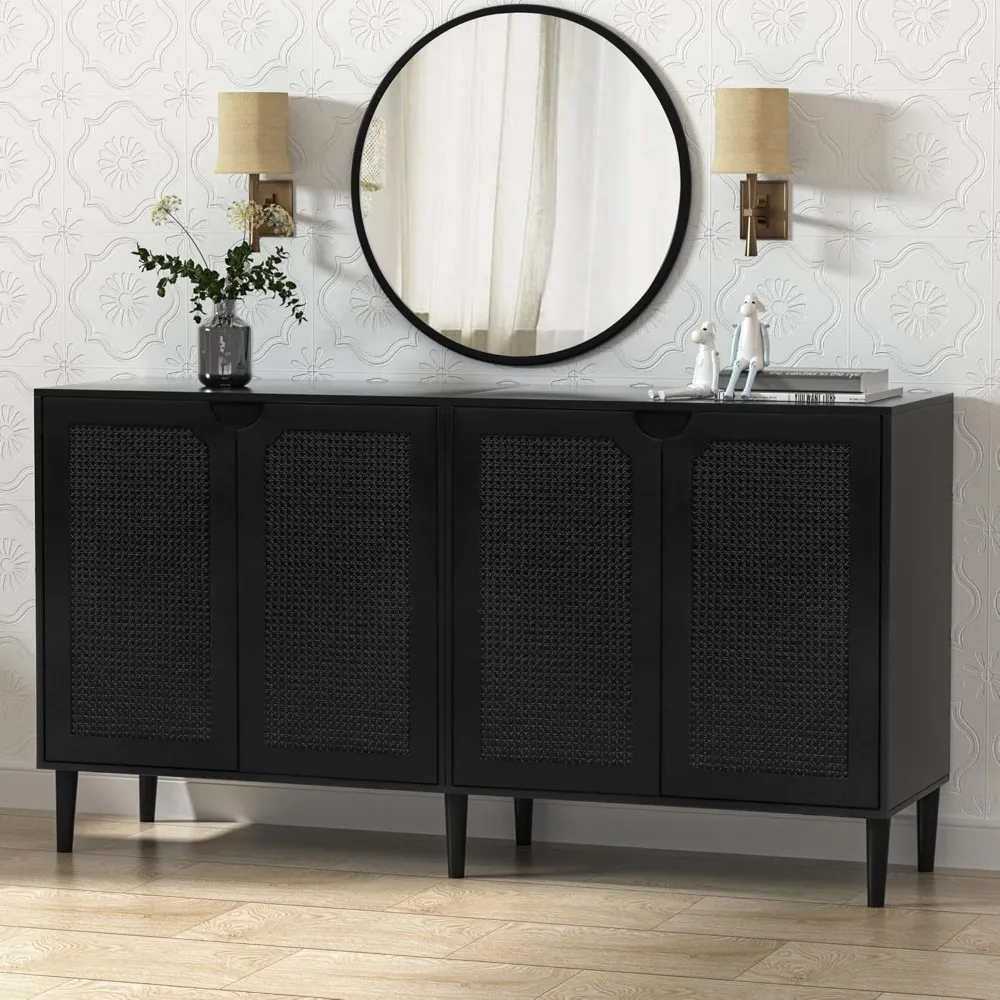

large kitchen storage cabinet: 63" black rattan sideboard with 4 doors and adjustable shelves