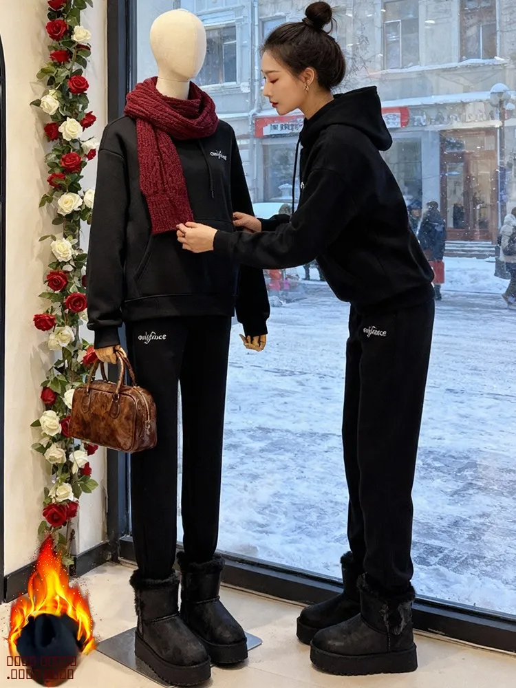 

Thiened Fce спортивный комплект, женский повседневный зимний комплект, Новое поступление, костюм из двух предметов, брюки с высокой талией, толстовка, топ, высокая эластичность