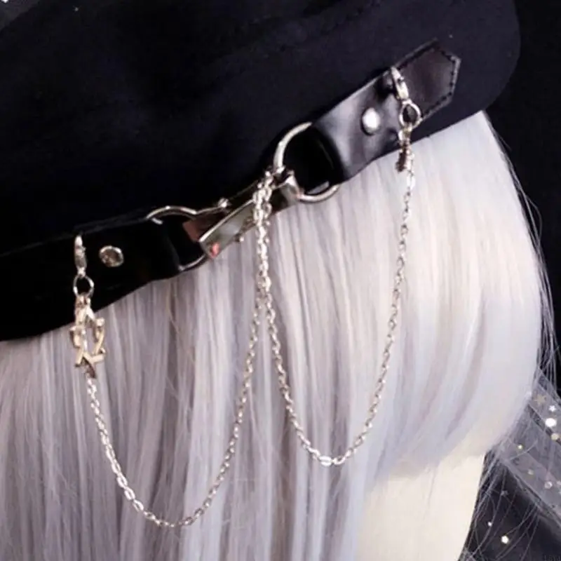 

L5YA Dark Cabbie Hat with Metal Chain Painter Hat Baker Boy Hat for Street Strolling Dark Flat Hat Photo Props