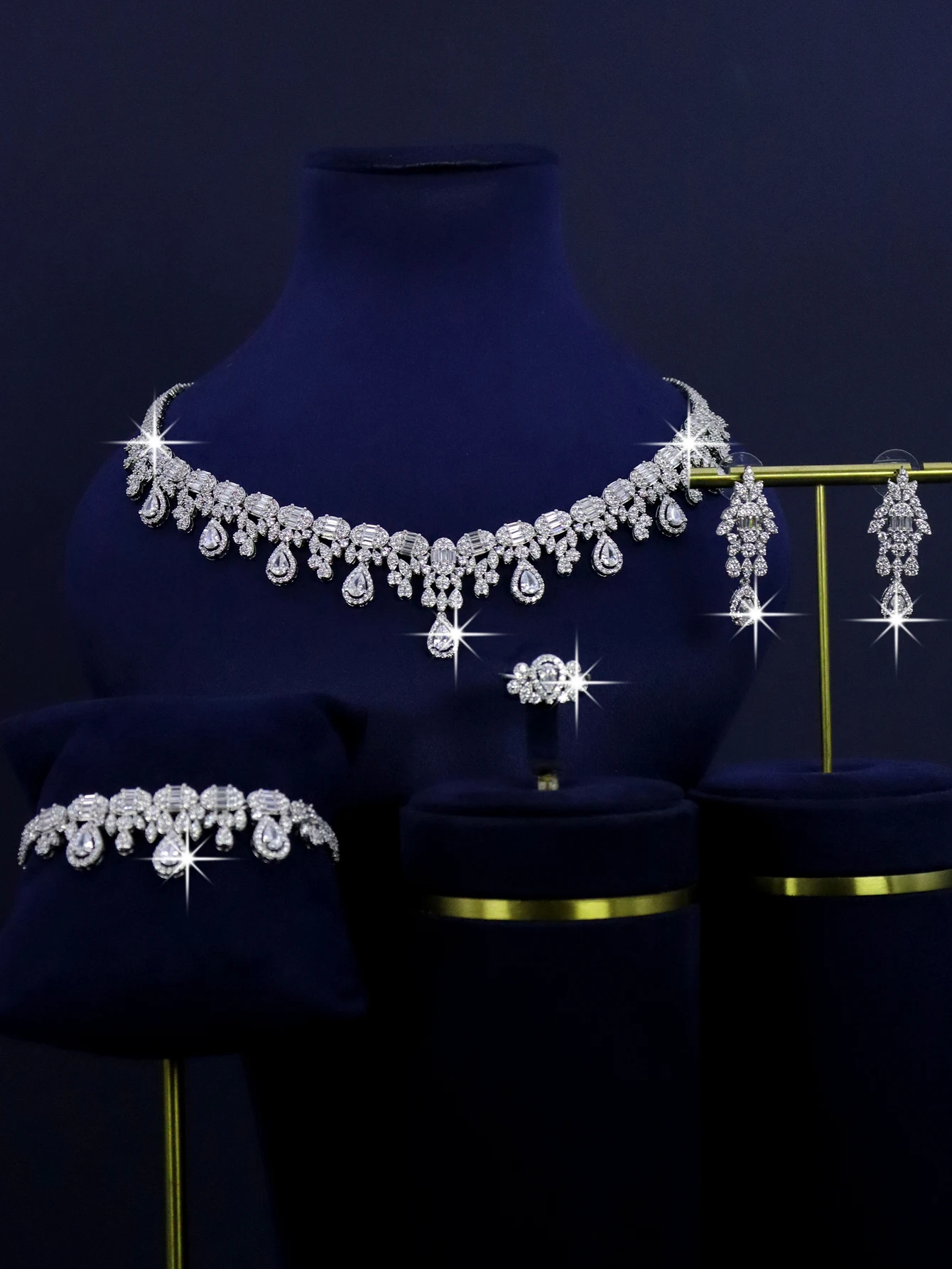

4 necklaces, earrings, bracelets, rings, platinum plated bridal wedding jewelry luxury set, copper inlaid with white zirconia