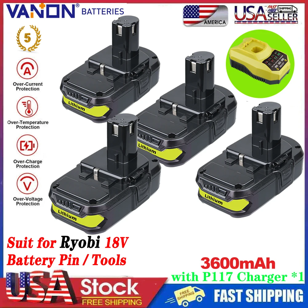 

VANON 1/2/4 шт. 3,6 Ач 18 В P102 литий-ионный аккумулятор, замена для Ryobi 18 В ONE + Plus P104 P105 P108 P109, штифт аккумулятора + зарядное устройство P117 * 1