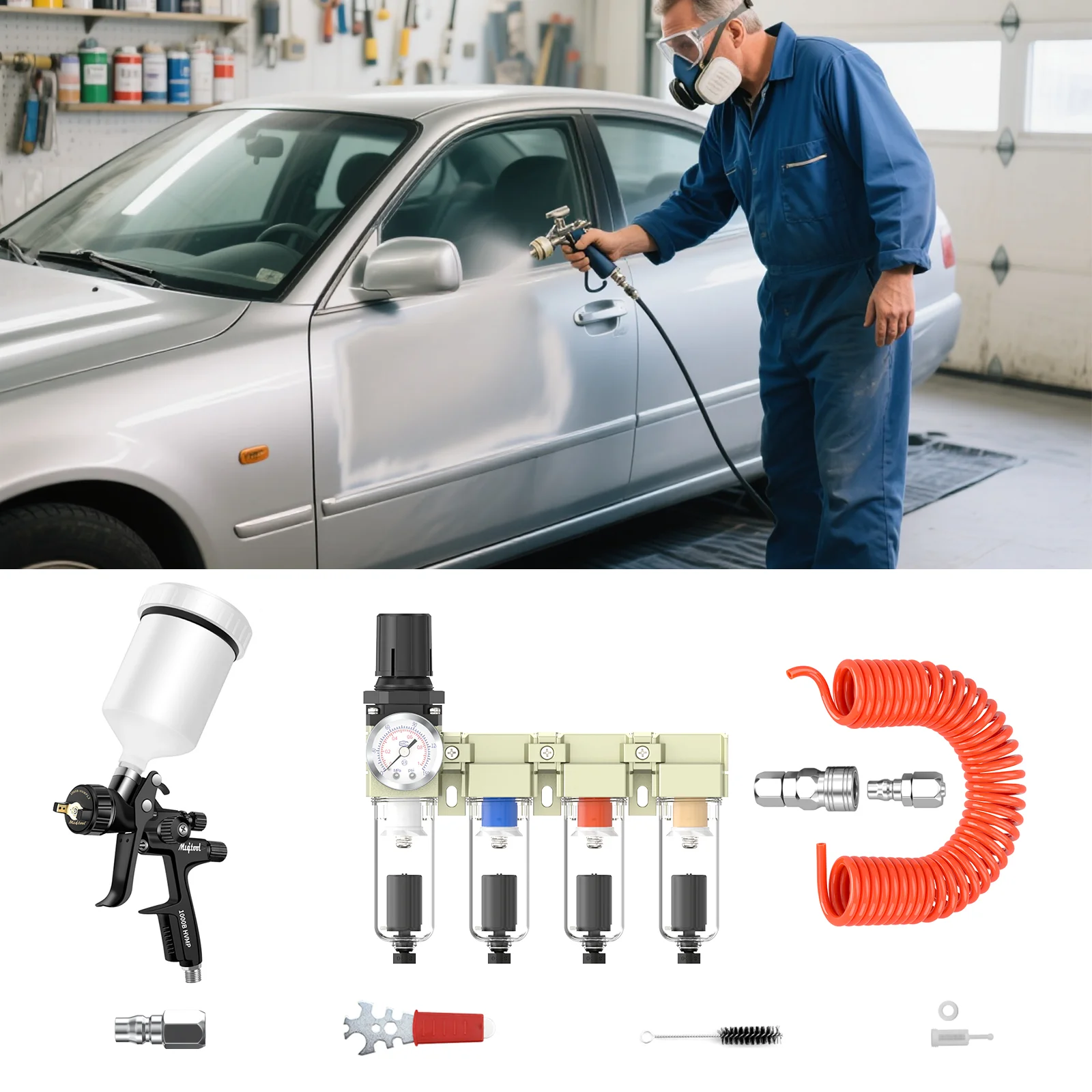 عالية الجودة طلاء السيارات بندقية رذاذ 1000B/4000B 1.3 مللي متر فوهة الطلاء بندقية المياه القائمة على الهواء CWFFF فاصل الزيت عن الماء 8x5 مللي متر أنبوب الربيع