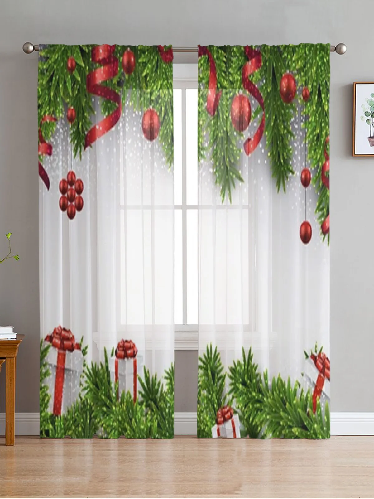 Christmas Decoration Balls Fir Branches Sheer Curtains For Living Room Bedroom Balcony Transparent Window Blinds Kitchen Drapes