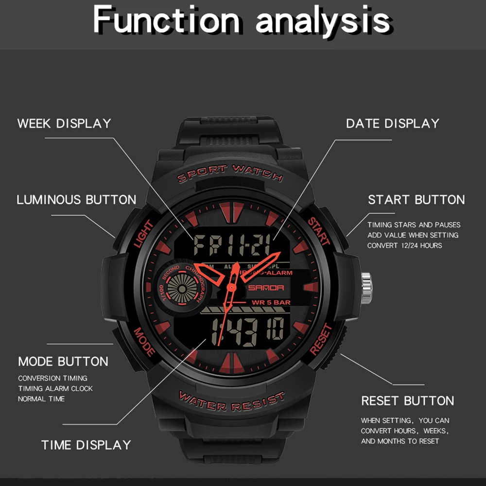 SANDA 6002 Luxury Dual Display orologi da uomo Fashion Digital Luminous 5BAR orologio da uomo sportivo al quarzo impermeabile Relogio Masculino