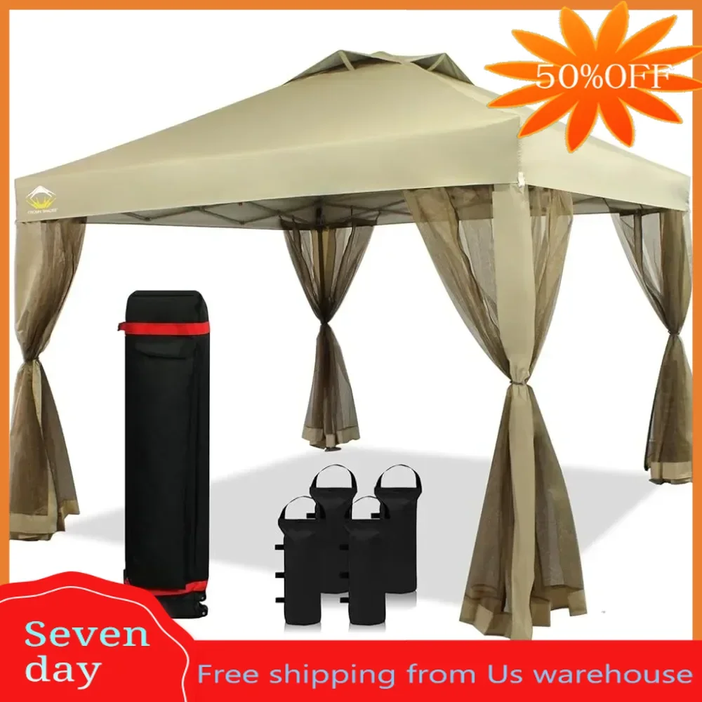 

Full Folding Awnings 10x10 Pop Up Canopy Including 4 Removable Nettings Camping Beige Tent Pergola Wheeled Storage Bag 8 Stakes