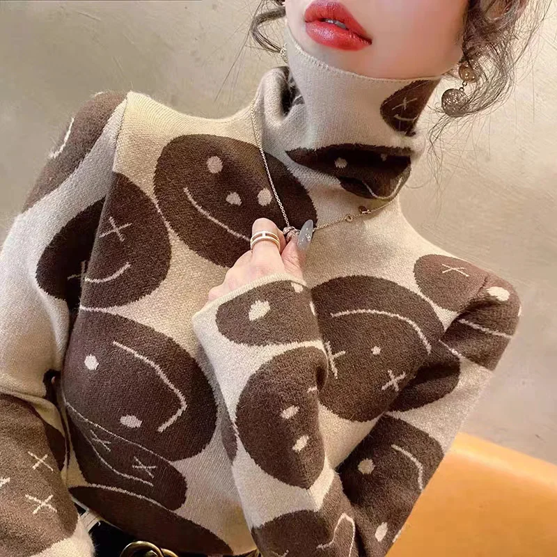 Women Jumper Knitted Slim Jacquard Sweaters Winter Warm Y2k Vintage Turtleneck Pullovers Casual Chic Comfortable Wool Knitewar