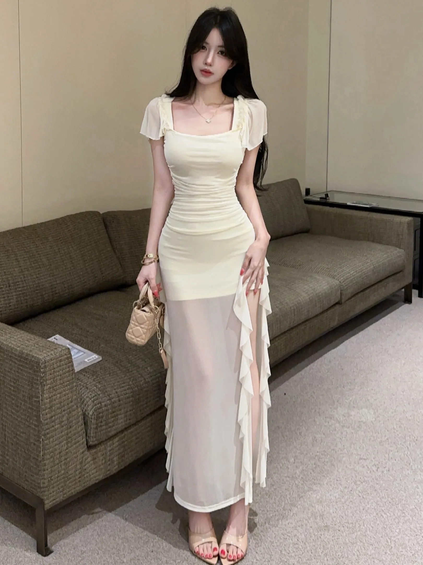 

Korean Chic Sweet Spicy Long Mesh Sleeveless Dress Women's Fashion High Waist Asymmetrical Skirt H-Shape Thin Body Con Dress
