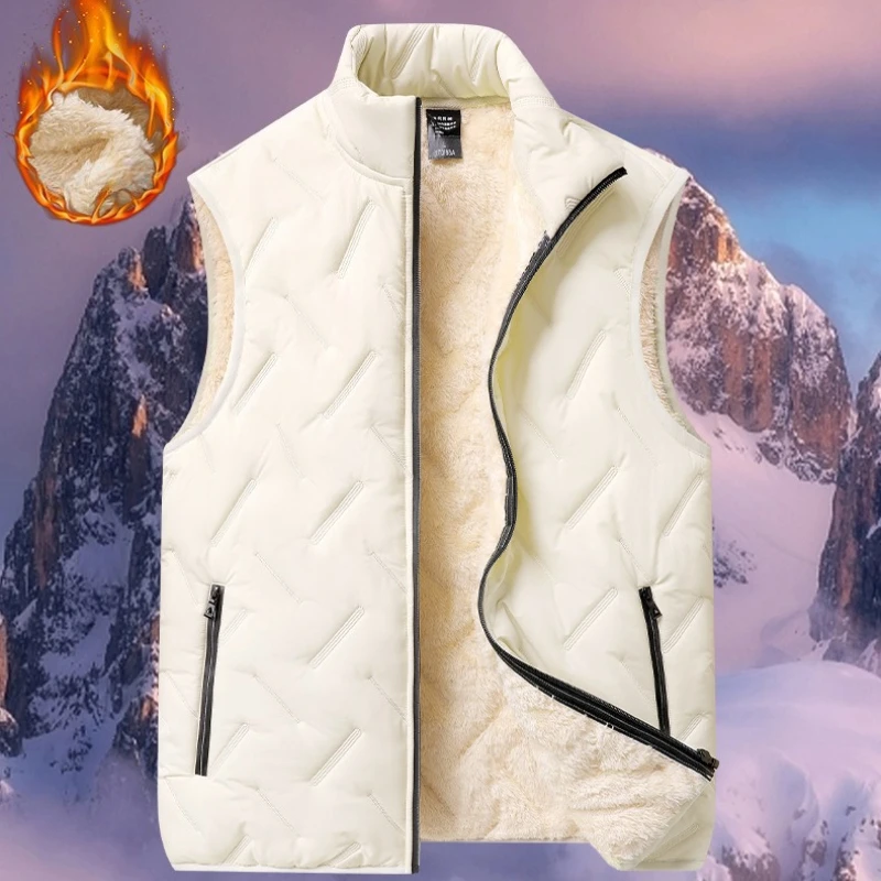 

Autumn Winter Men's Fleece-Lined Thickened Warm Vest Stand Collar Sheepskin Sleeveless Parka Jacket Outdoor Windproof Waistcoat