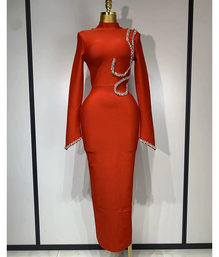 

Customized Formal Jersey Straight Crystal Evening Dress High Quality High Collar Long Sleeves Floor Length Celebrity Gowns