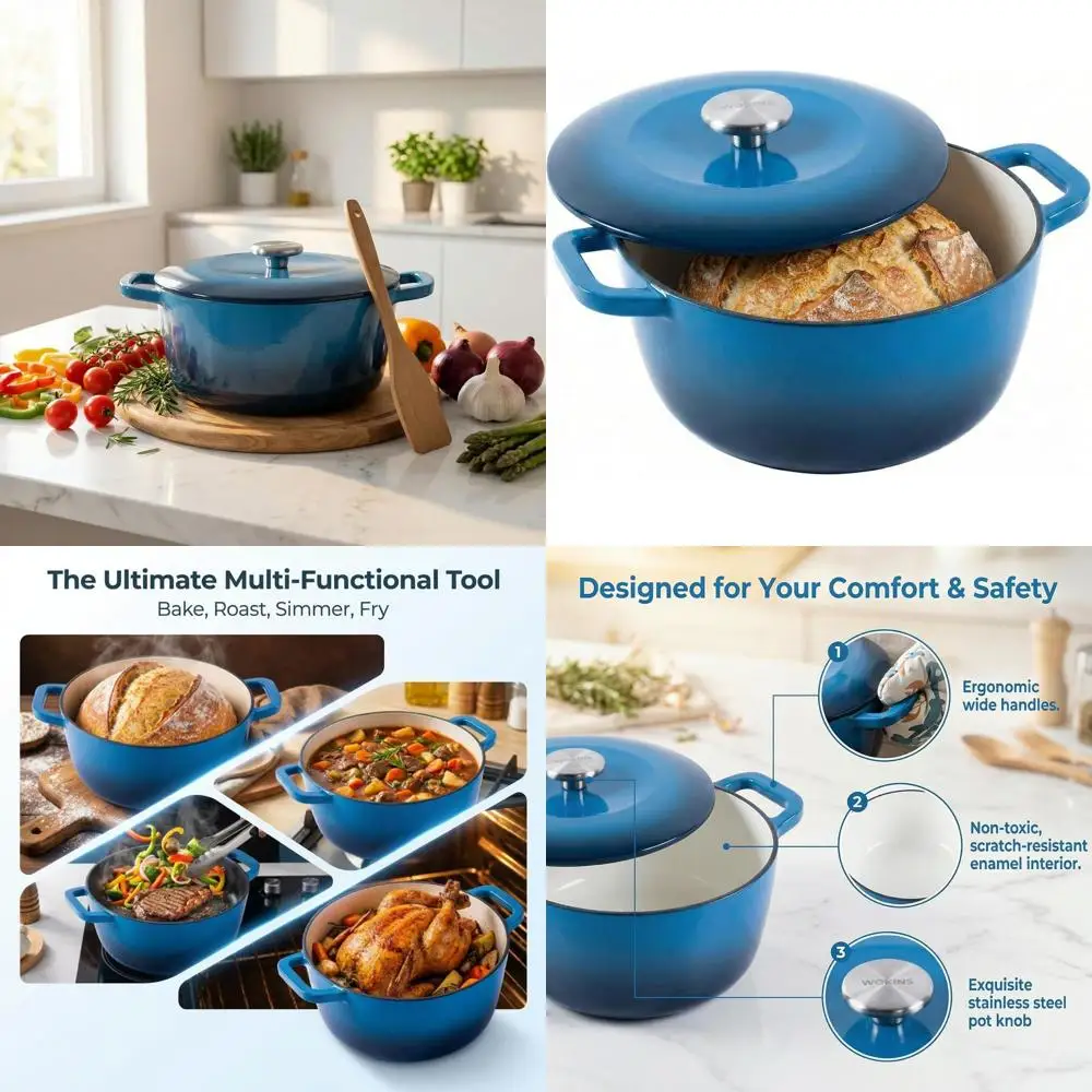 

Enameled Cast Iron Dutch Oven with Lid, Dual Handles, Heavy-Duty Non-toxic Cookware for Baking, Braising, Stews, Roasting, Oven