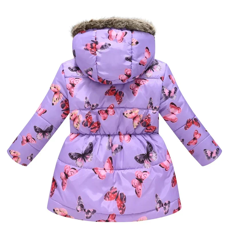 Butterfly Print Hooded Down Jacket Kid Girls Artificial Fur Collar Coat Winter Add Velvet Outerwear Christmas Gift Clothes 3-12Y