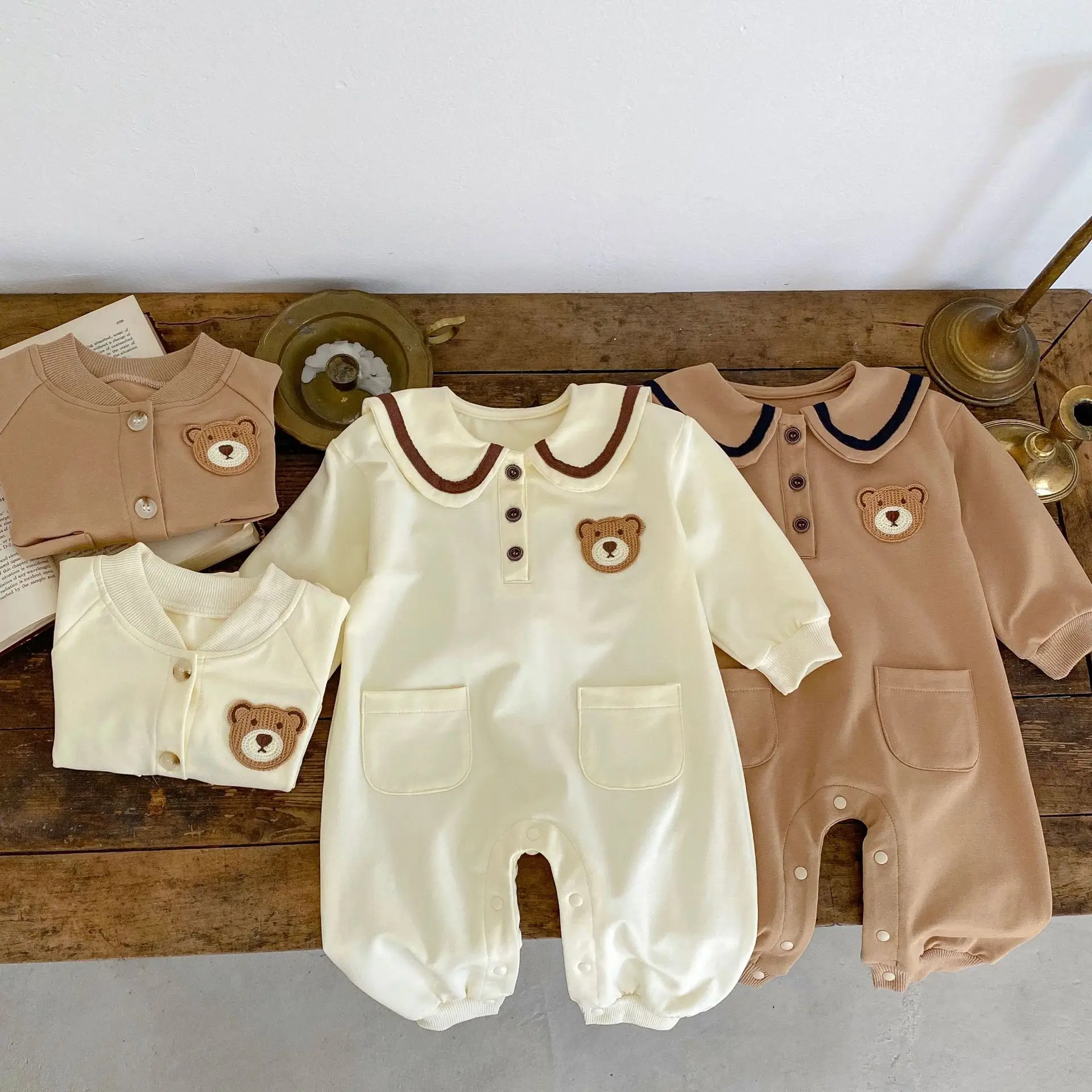 2024 Spring Autumn Newborn Baby Girls Romper Cotton Long Sleeve Infant Girls Bodysuit Pocket Bear Versatile Toddler Girls Coat