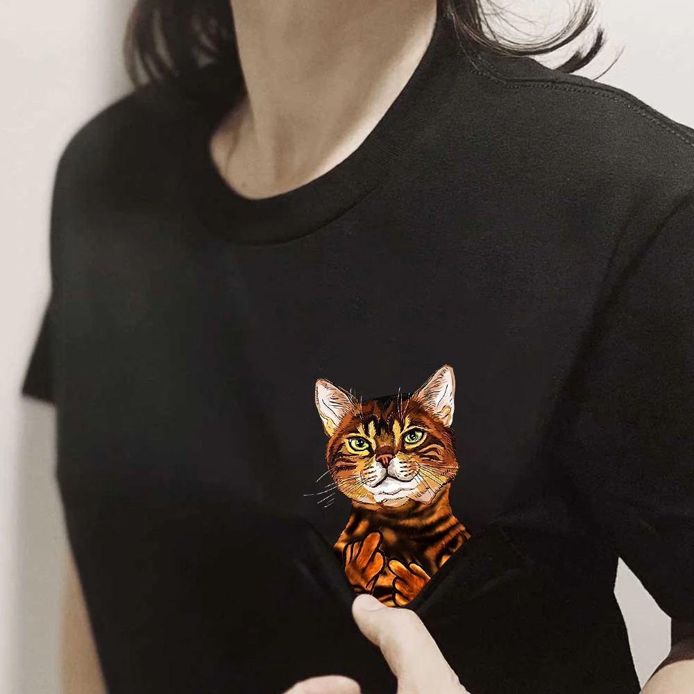 CLOOCL Tabby Cats Cotton T-Shirts Funny Animals Show Double Middle Finger Print Pocket T-shirt Women Clothing Short Sleeve Tees