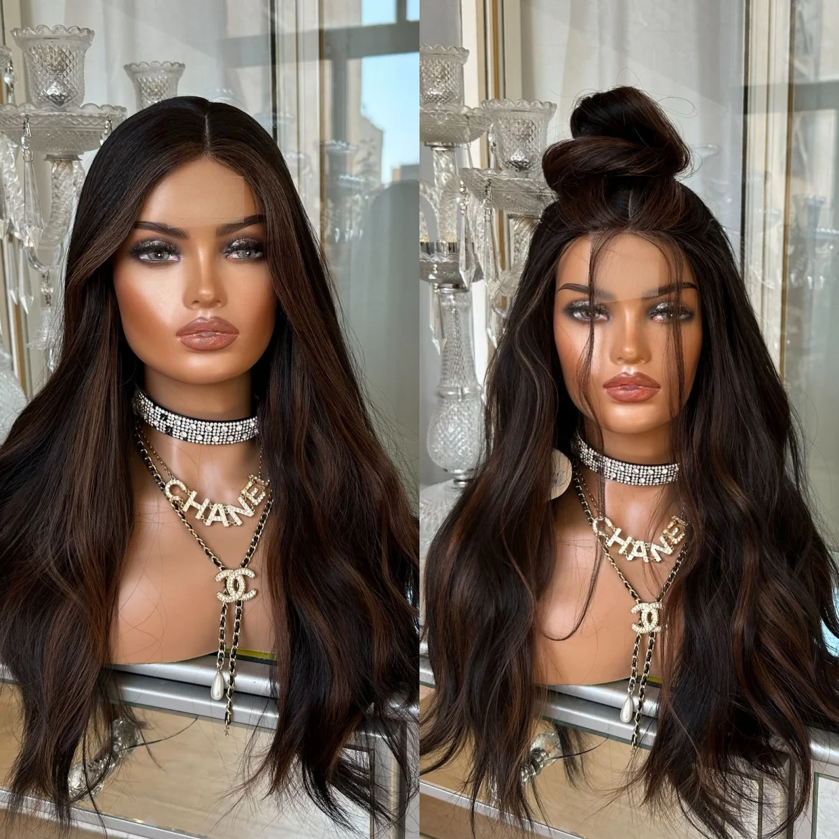

Dark Brown Brunette Lace Front Wig Synthetic Blend Human Hair for Women Long Body Wave Hairstyle Easy Daily Party Cosplay Use