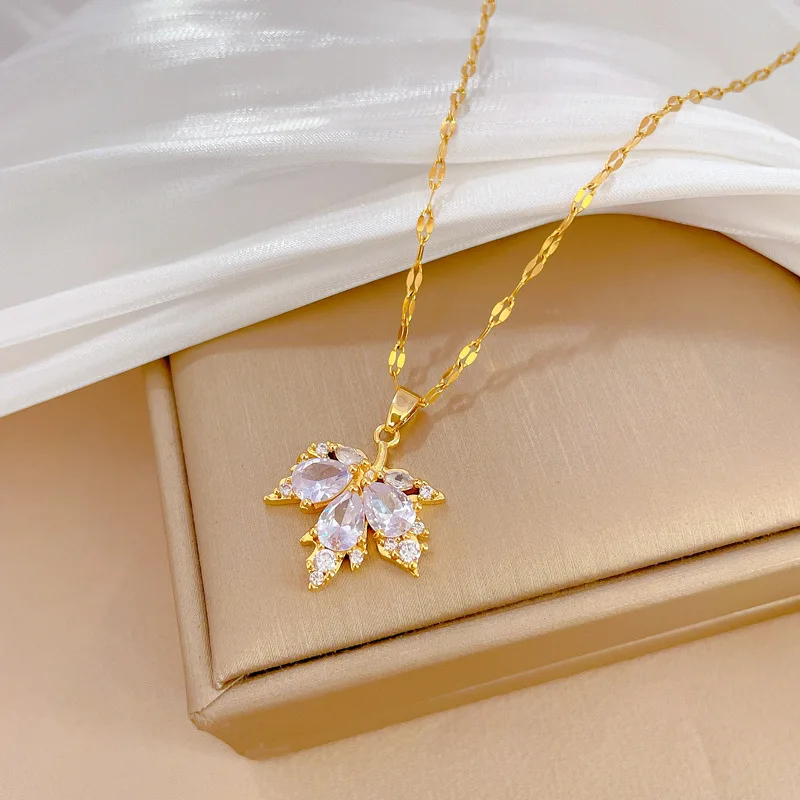 Stylish and Luxurious White Jewelry, Maple Leaf Necklaces, Earrings, Classic Micro Settings, Versatile Party Accessories