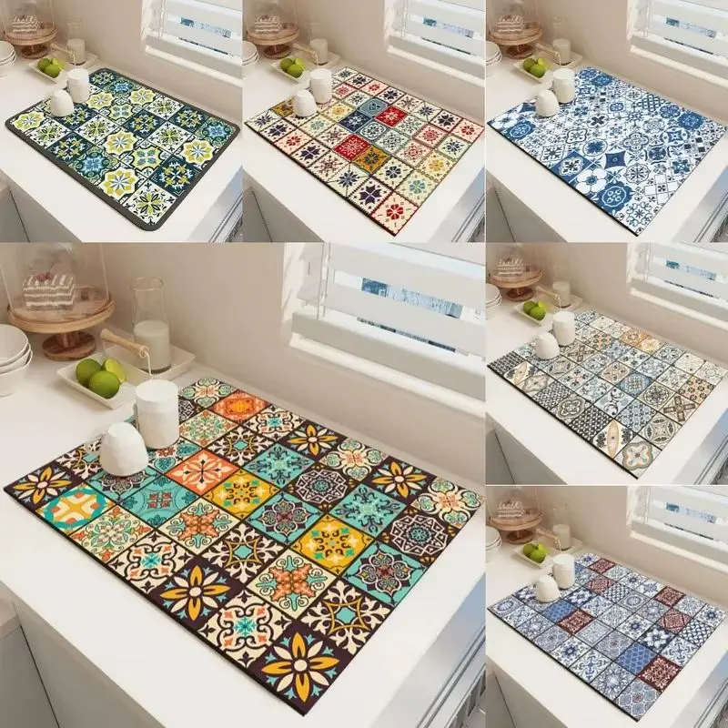 VIKAMA Vintage Tile Placemat Moroccan Pattern Kitchen Counter Mat Absorbent Quick Dry Non Slip Washable Pad Dining Table Decor