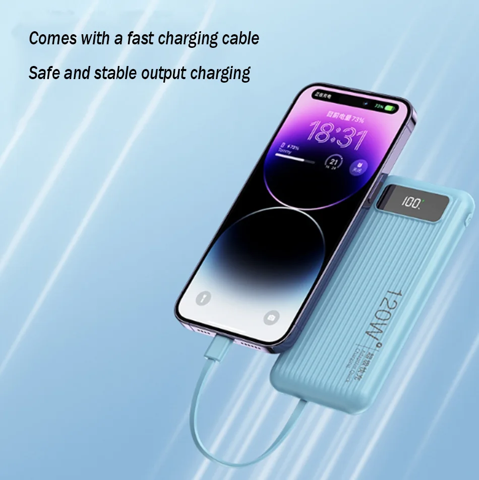 New super fast charging large capacity portable 20000mAh digital power bank with built-in cable