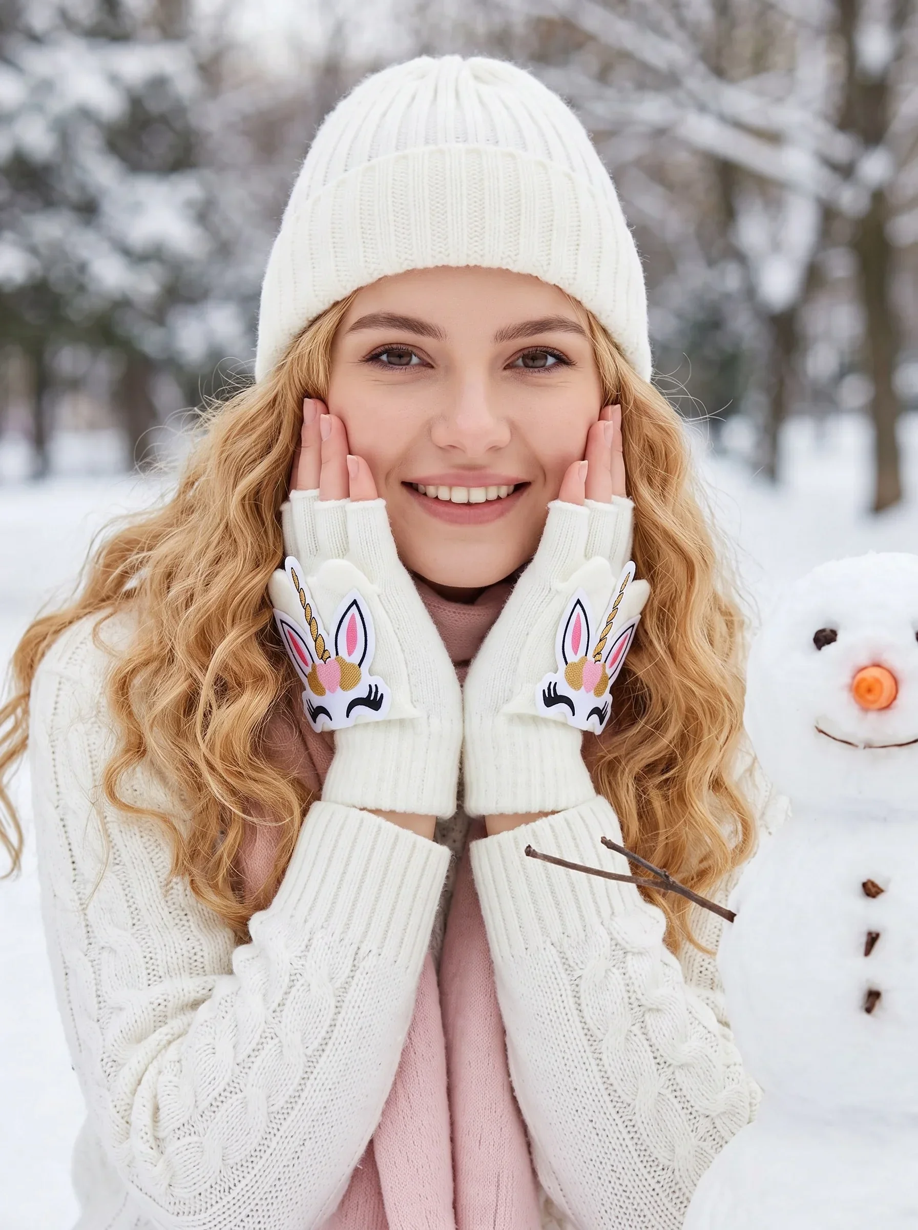 1Pair Women Unicorn Flip Knit Gloves, Winter Half Finger Convertible Warm Knitted Five Finger Gloves for Daily Outfit