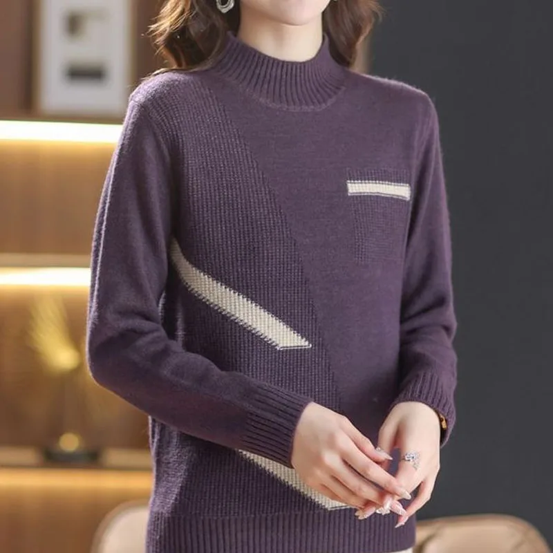 New Autumn/Winter Fashion Trend Contrast Color Half High Neck Loose Versatile Slim and Fashionable Long Sleeve Knitted Sweater