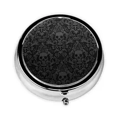 Gothic Black Skull Damask 3 Cell Metal Pill Boxes Stainless Steel Round Pill Boxes Medicine Organizer Container Medicine Case