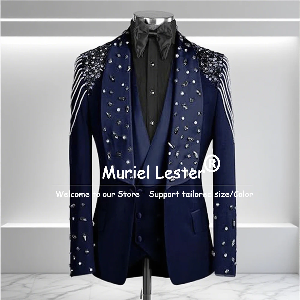 

Customized Beaded Stones Suits Men For Wedding Single Breasted Groom Tuxedos Outfits 3 Pieces Man Party Blazers Terno Masculinos