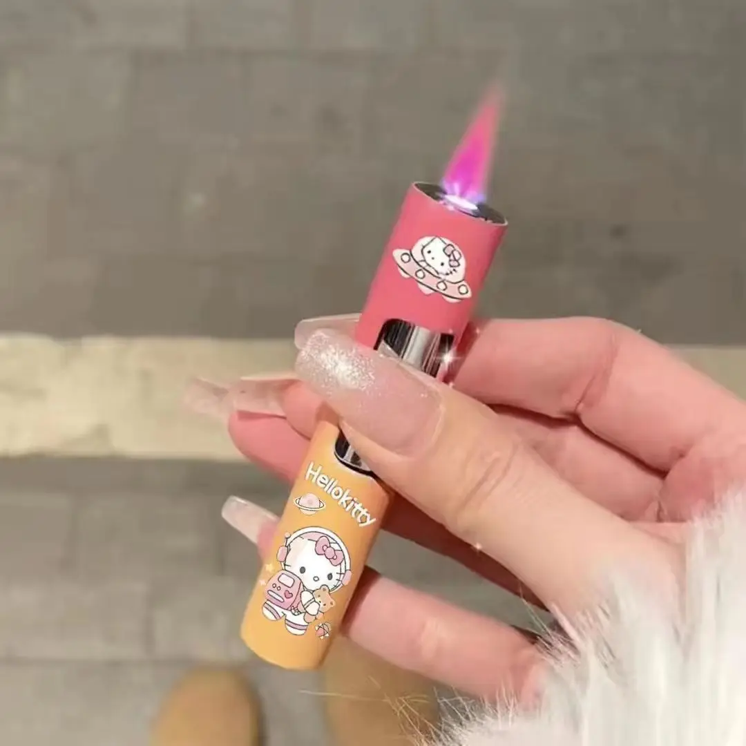 Sanrio Hello Kitty Kuromi Cinnamoroll Cartoon Cigarette Lighter Creative Kawaii Windproof Pink Flame Lighter Boyfriend Gift