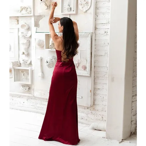 Imagen 2 del producto Nuevo vestido de fiesta de verano para mujer, vestido sin mangas de Color sólido con cuello de una palabra, vestido Sexy rojo con abertura en la espalda ajustada