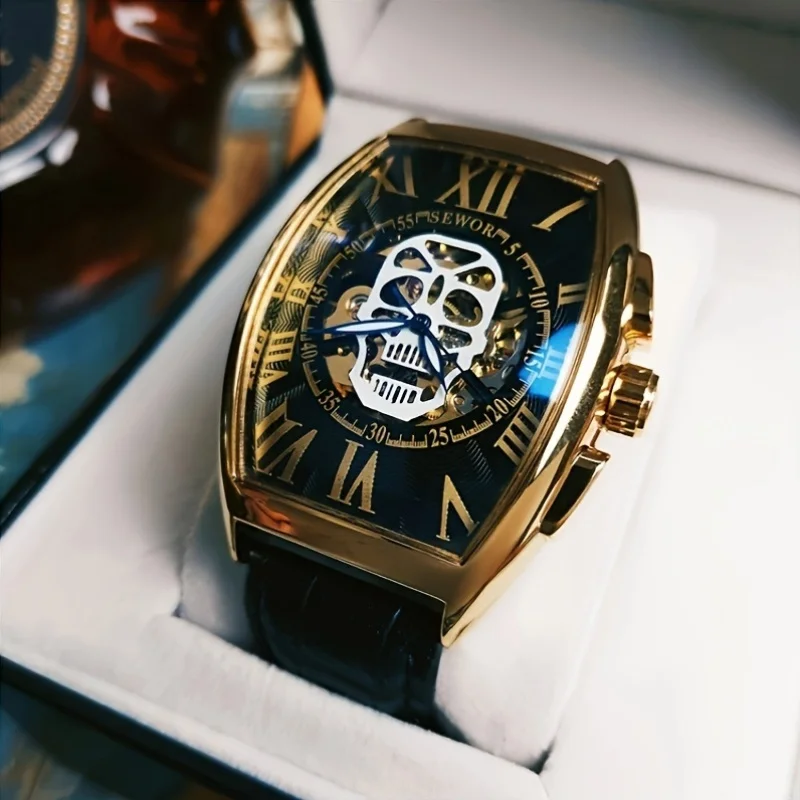 Classic Punk Style Fully Automatic Barrel-Shaped Skeleton Mechanical Watch for Men, Fashionable and Versatile, Skull Design, Stylish Street Style, Best-Selling Watch, Men's Business Casual Gift