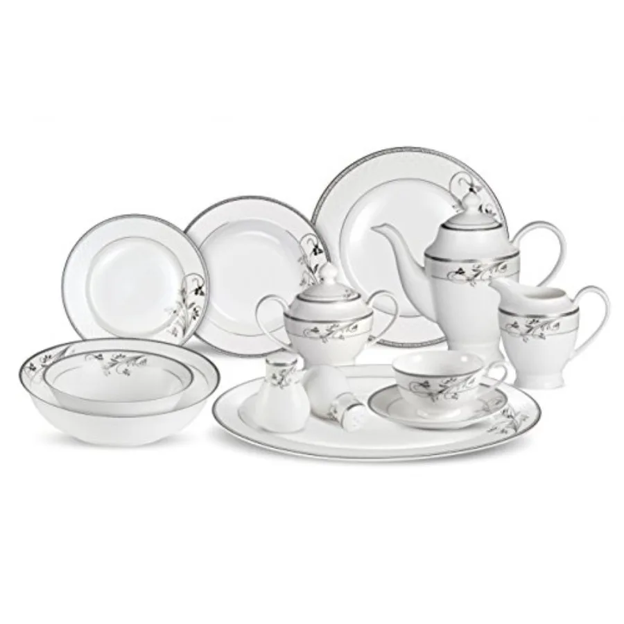 Elegante Juego de Vajilla de Porcelana China para 8 Personas, Diseño Viola con Detalles Plateados, Vajilla Premium para Cenas Formales