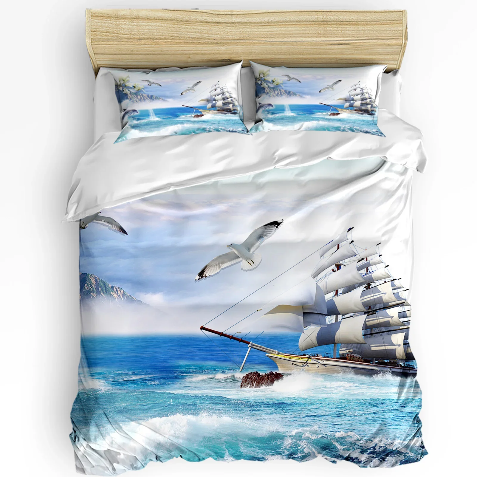 Sailing Sailboats Seagull Dolphin Sea Clouds Duvet Cover Bed Bedding Set Home Quilt Cover Pillowcases Bedding Set No Sheet